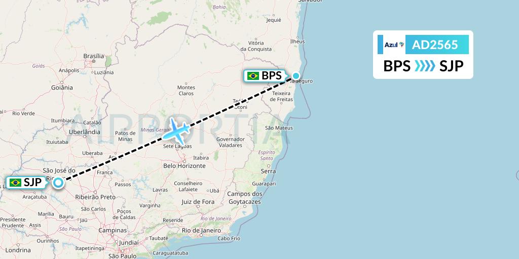 AD2565 Azul Brazilian Airlines Flight Map: Porto Seguro to Sao Jose Do Rio Preto