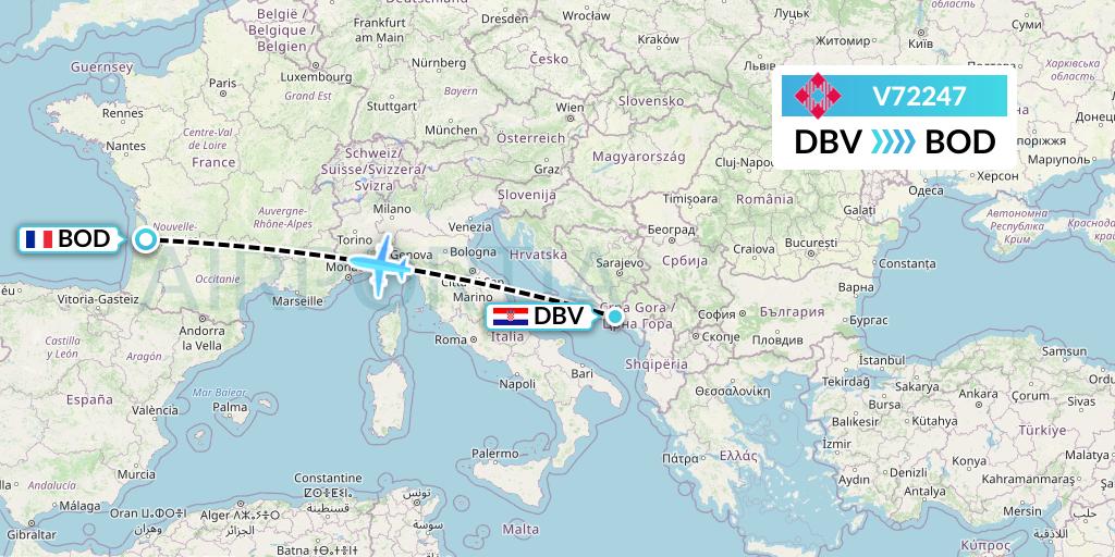 V72247 Volotea Flight Map: Dubrovnik to Bordeaux
