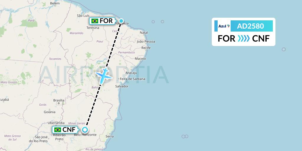 AD2580 Azul Brazilian Airlines Flight Map: Fortaleza to Belo Horizonte