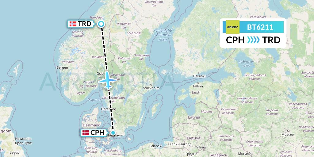BT6211 Air Baltic Flight Map: Copenhagen to Trondheim
