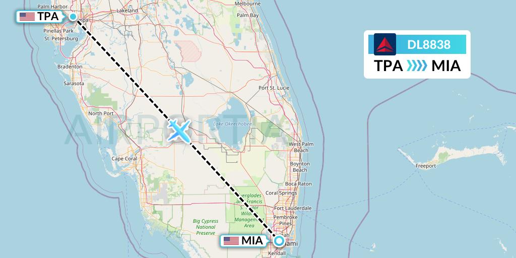 DL8838 Delta Air Lines Flight Map: Tampa to Miami