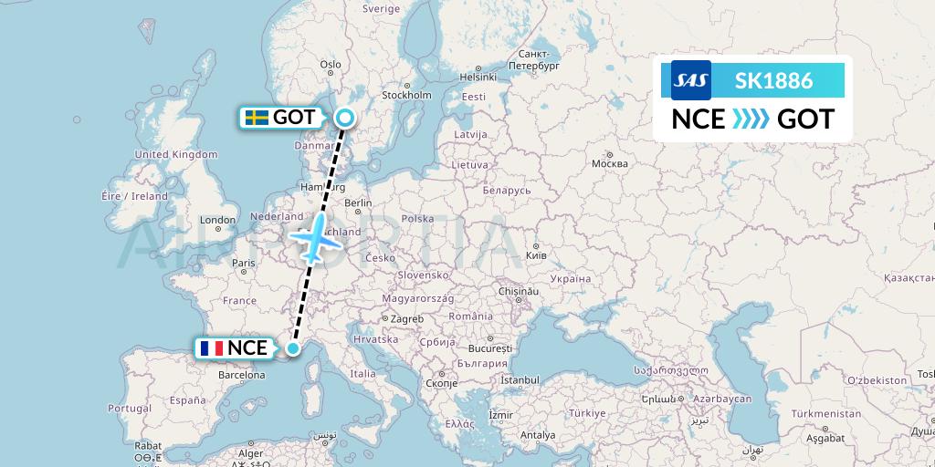 SK1886 SAS Flight Map: Nice to Gothenburg