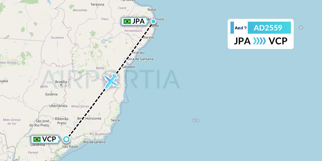 AD2559 Azul Brazilian Airlines Flight Map: Joao Pessoa to Campinas