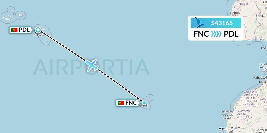 S43165 Azores Airlines Flight Map: Funchal to Ponta Delgada