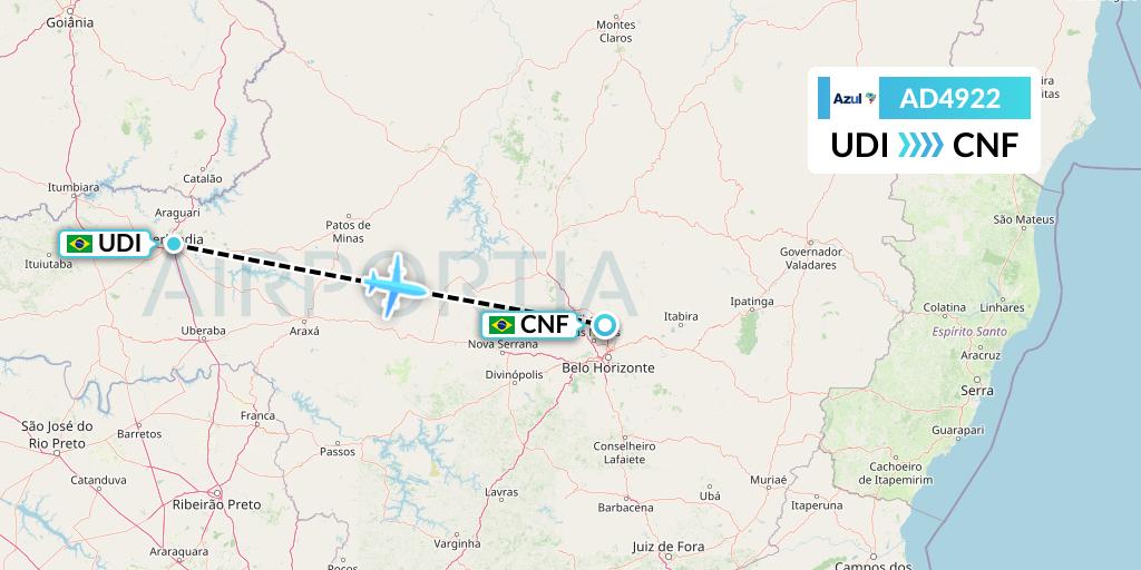 AD4922 Azul Brazilian Airlines Flight Map: Uberlandia to Belo Horizonte
