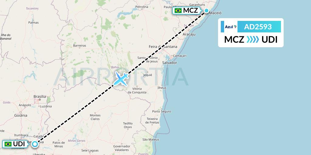 AD2593 Azul Brazilian Airlines Flight Map: Maceio to Uberlandia
