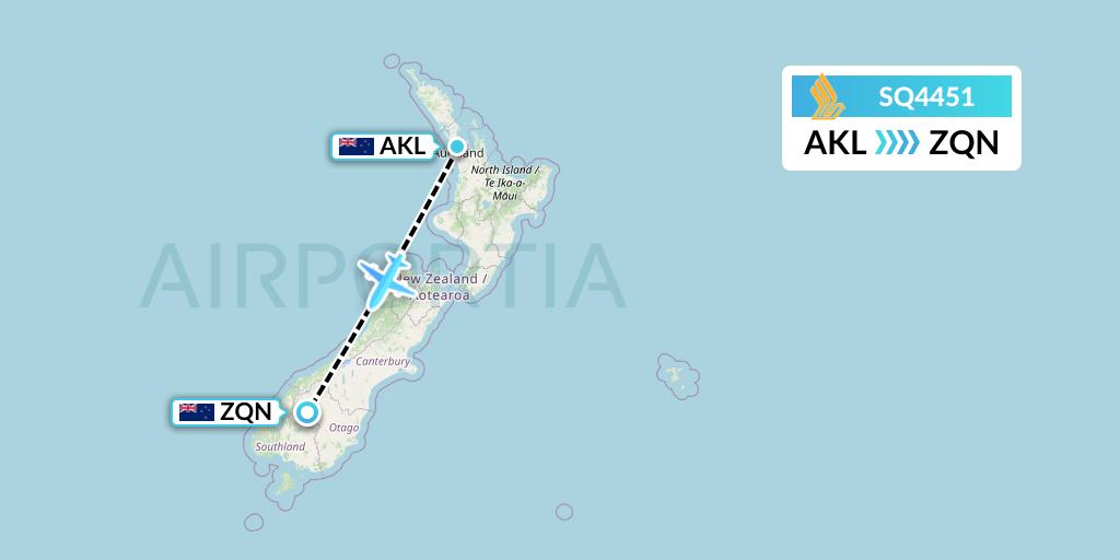 SQ4451 Singapore Airlines Flight Map: Auckland to Queenstown