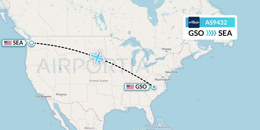 AS9432 Alaska Airlines Flight Map: Greensboro to Seattle