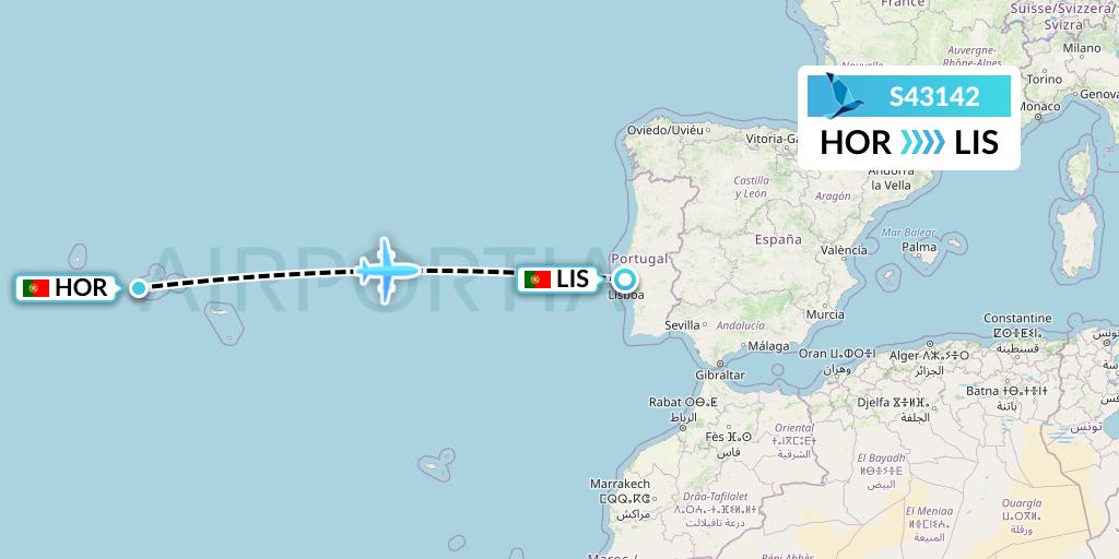 S43142 Azores Airlines Flight Map: Horta to Lisbon