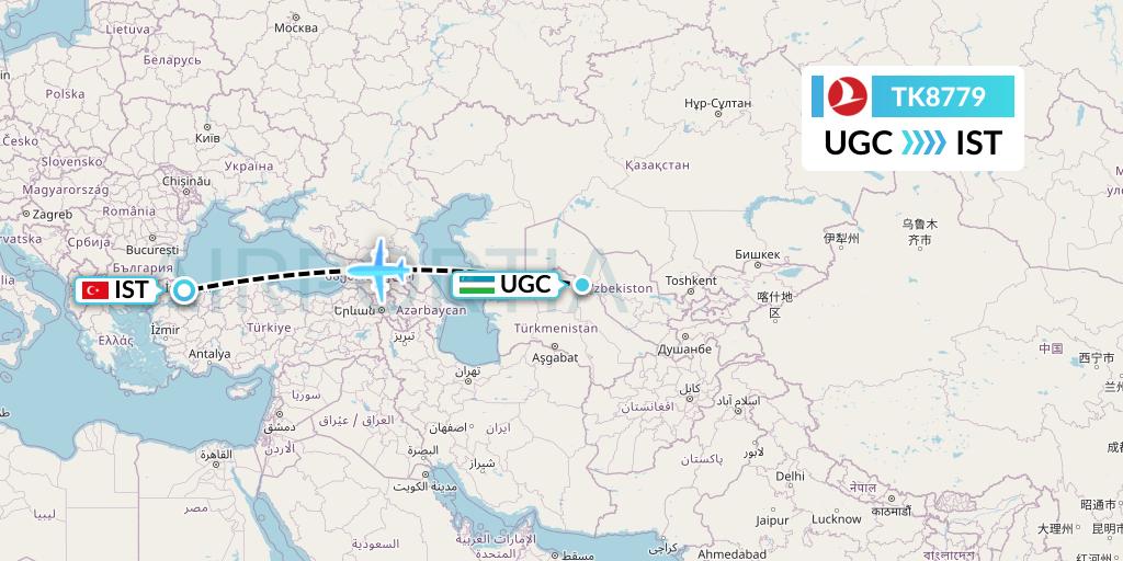 TK8779 Turkish Airlines Flight Map: Urgench to Istanbul