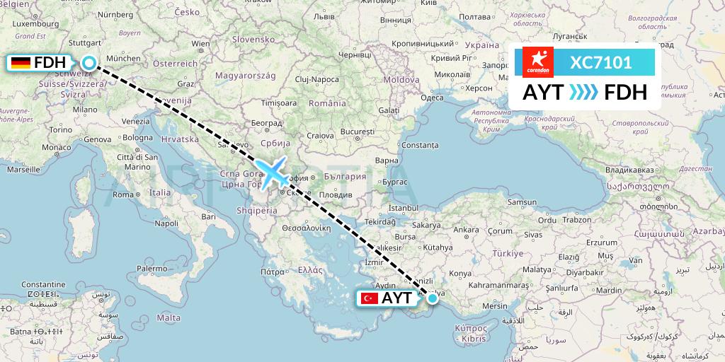 XC7101 Corendon Airlines Flight Map: Antalya to Friedrichshafen