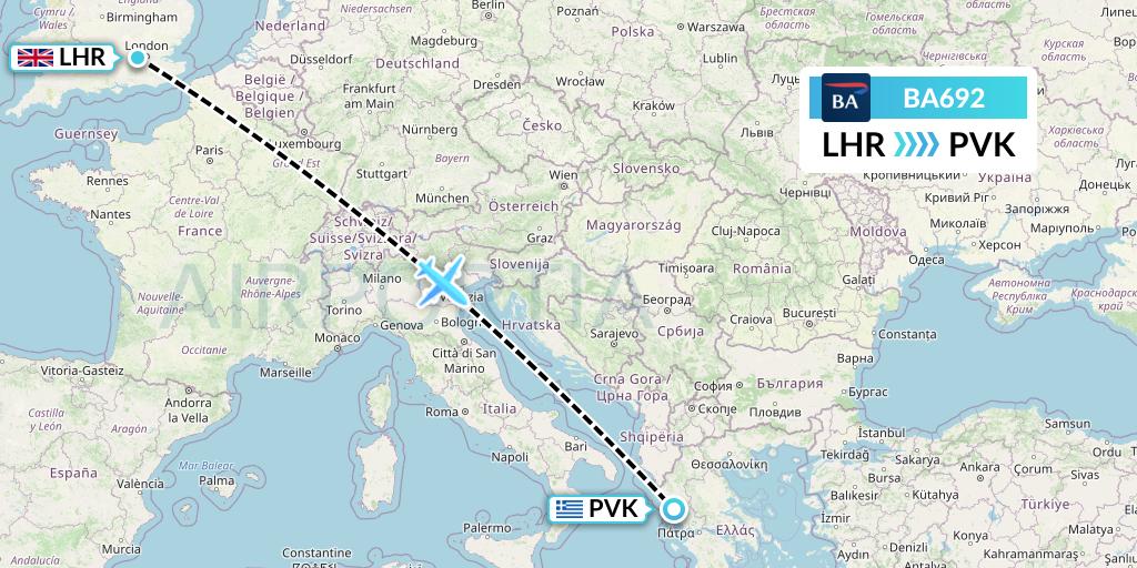 BA692 British Airways Flight Map: London to Preveza