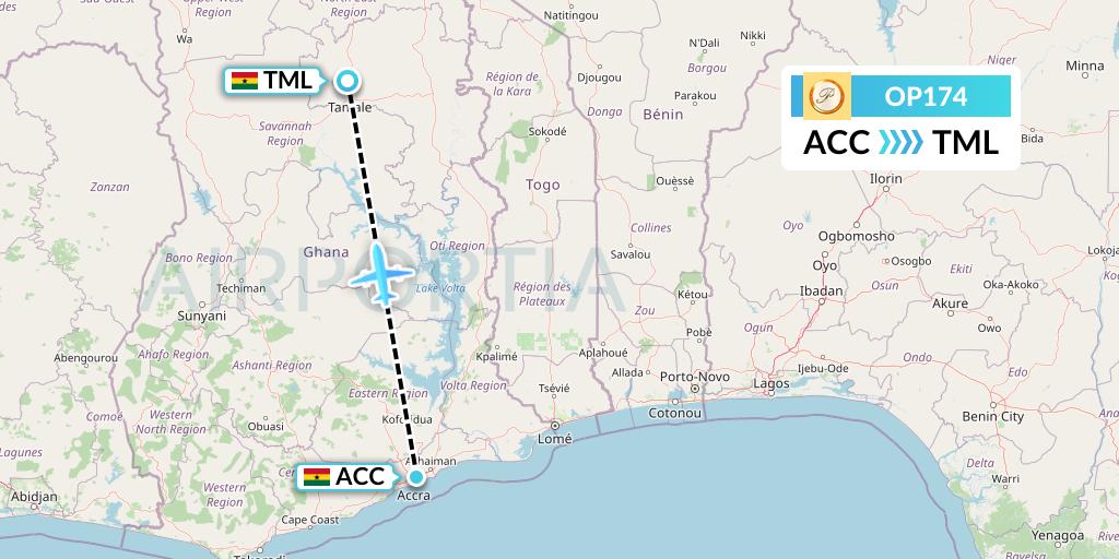 OP174 PassionAir Flight Map: Accra to Tamale