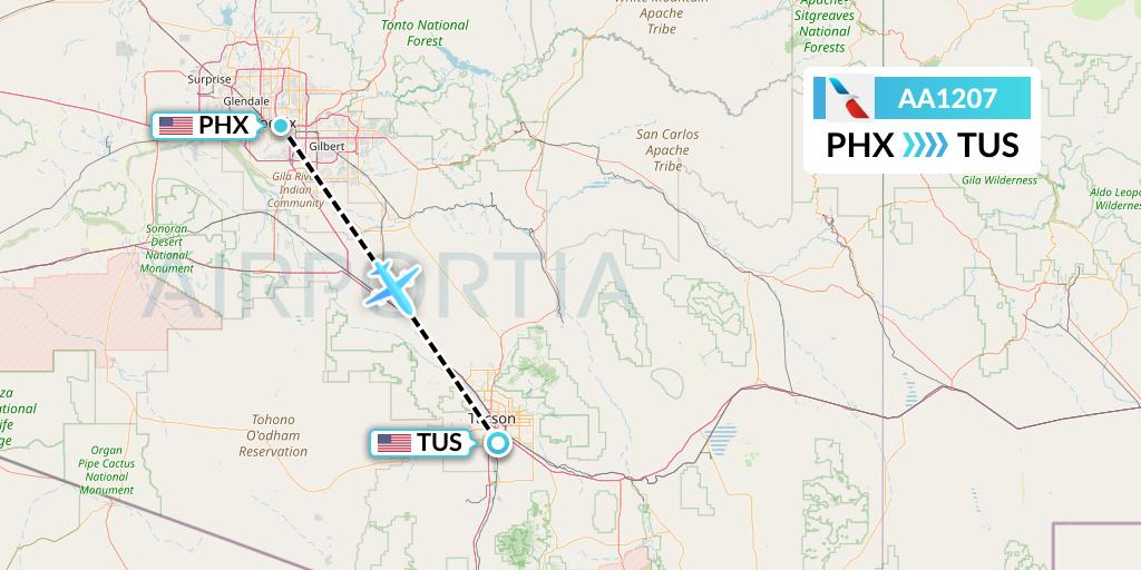 AA1207 American Airlines Flight Map: Phoenix to Tucson