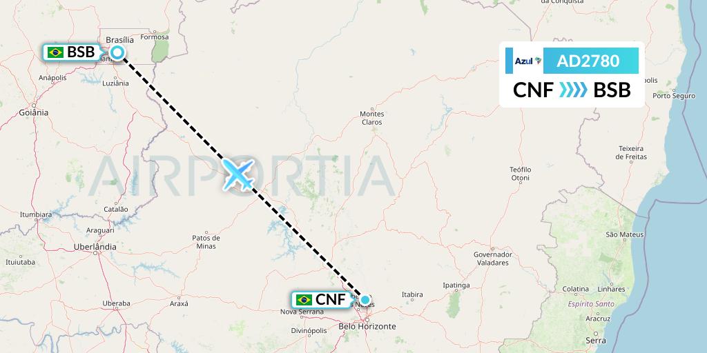 AD2780 Azul Brazilian Airlines Flight Map: Belo Horizonte to Brasilia