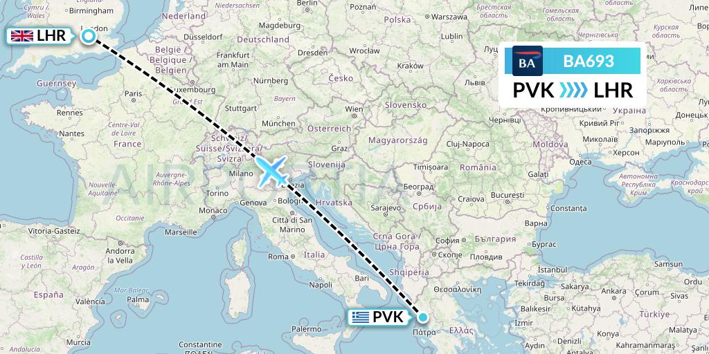 BA693 British Airways Flight Map: Preveza to London