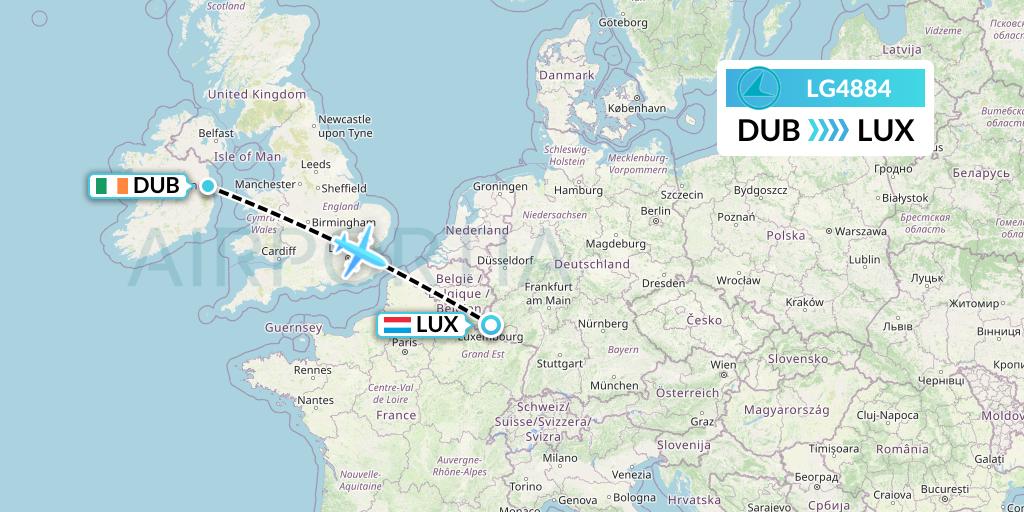 LG4884 Luxair Flight Map: Dublin to Luxembourg