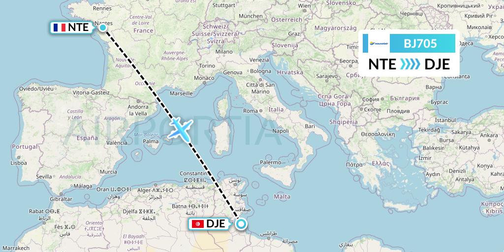 BJ705 Nouvelair Tunisie Flight Map: Nantes to Djerba