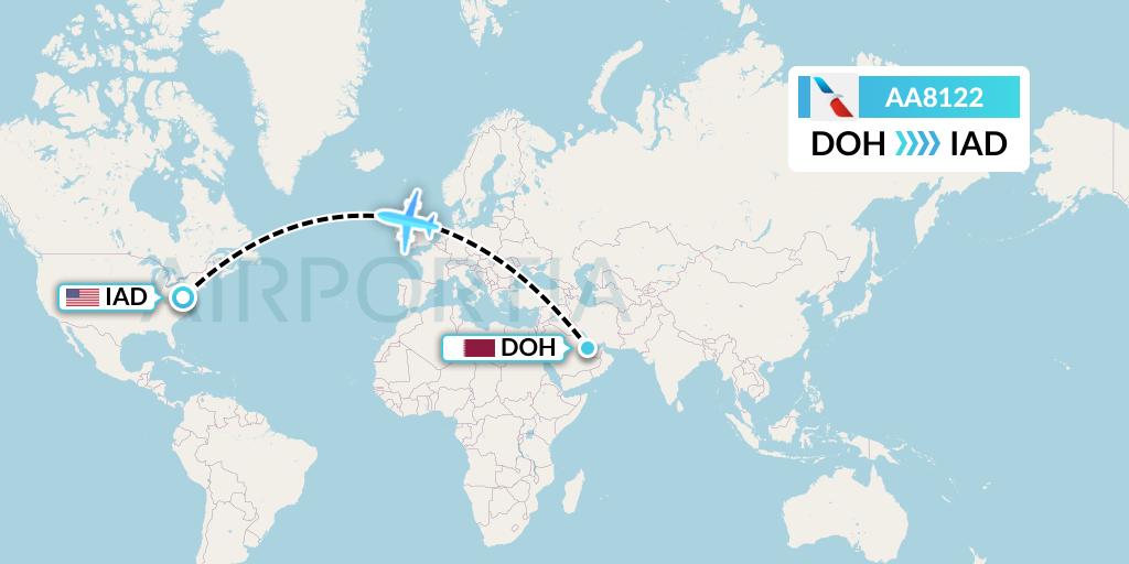 AA8122 American Airlines Flight Map: Doha to Washington