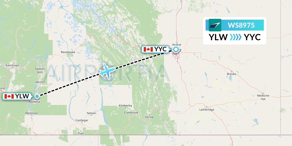 WS8975 WestJet Flight Map: Kelowna to Calgary