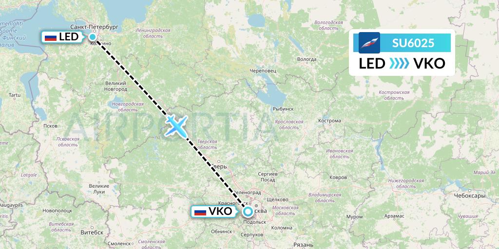 SU6025 Aeroflot Flight Map: St. Petersburg to Moscow