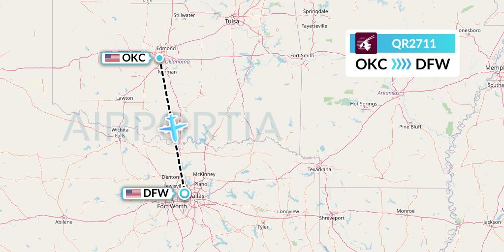 QR2711 Qatar Airways Flight Map: Oklahoma City to Dallas