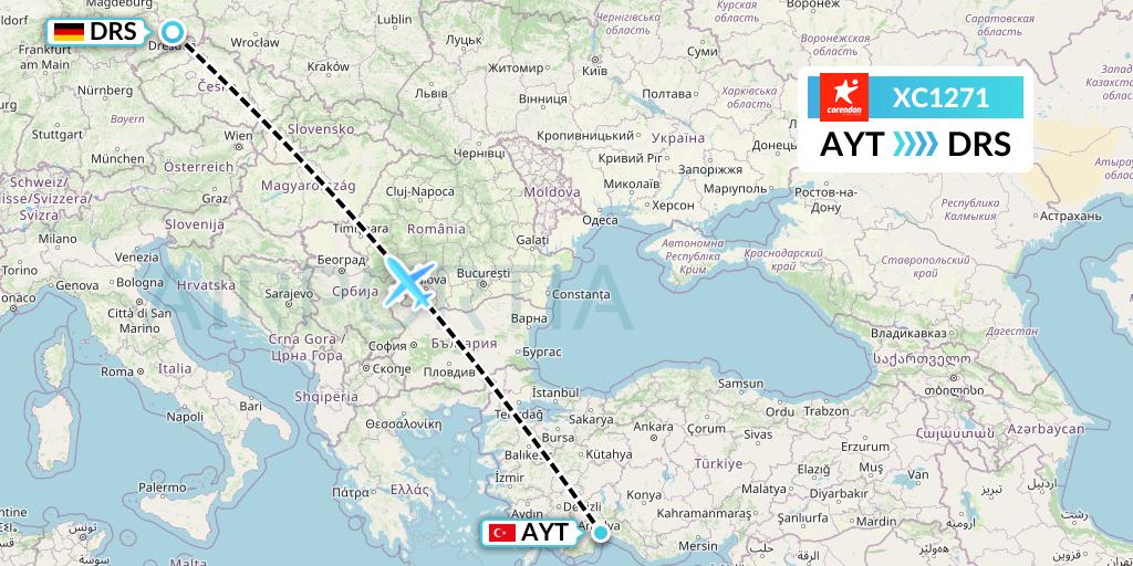 XC1271 Corendon Airlines Flight Map: Antalya to Dresden