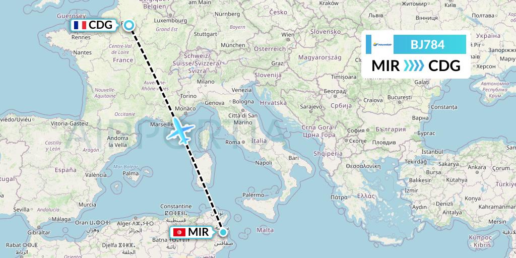 BJ784 Nouvelair Tunisie Flight Map: Monastir to Paris