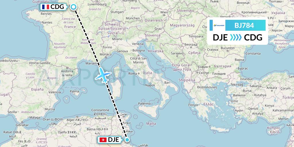 BJ784 Nouvelair Tunisie Flight Map: Djerba to Paris