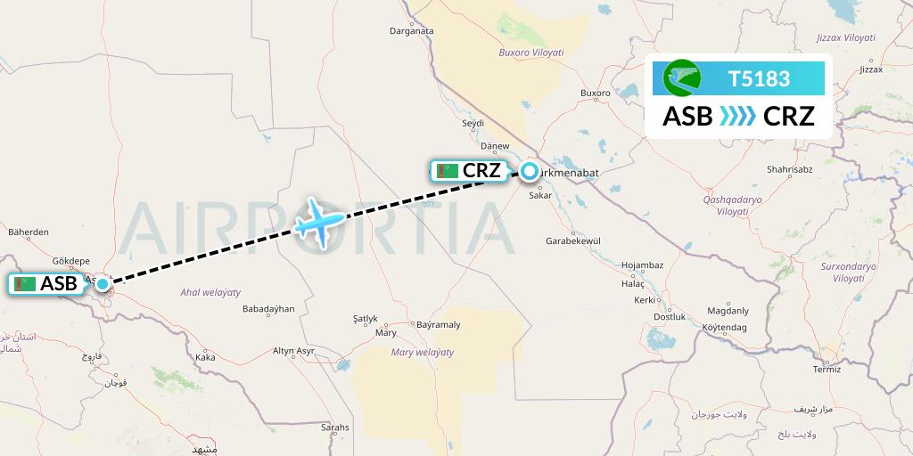 T5183 Turkmenistan Airlines Flight Map: Ashgabat to Turkmenabat