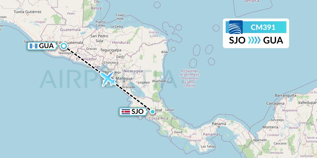 CM391 Copa Airlines Flight Map: San Jose to Guatemala City