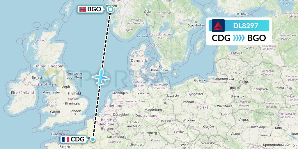 DL8297 Delta Air Lines Flight Map: Paris to Bergen