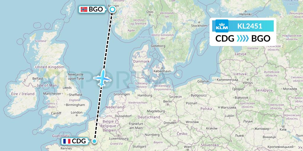 KL2451 KLM Flight Map: Paris to Bergen
