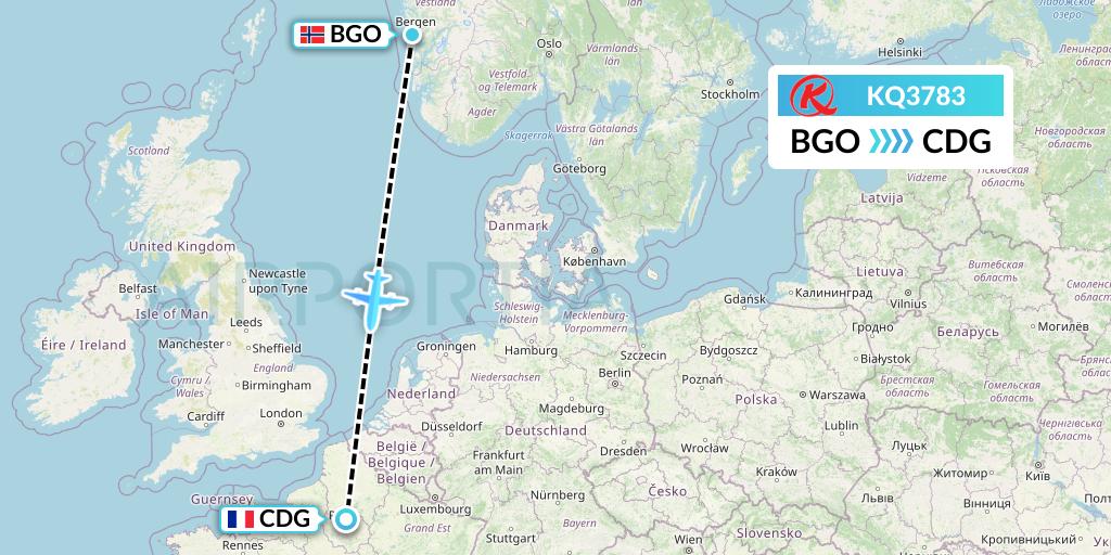 KQ3783 Kenya Airways Flight Map: Bergen to Paris