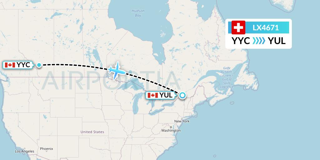 LX4671 Swiss Flight Map: Calgary to Montreal