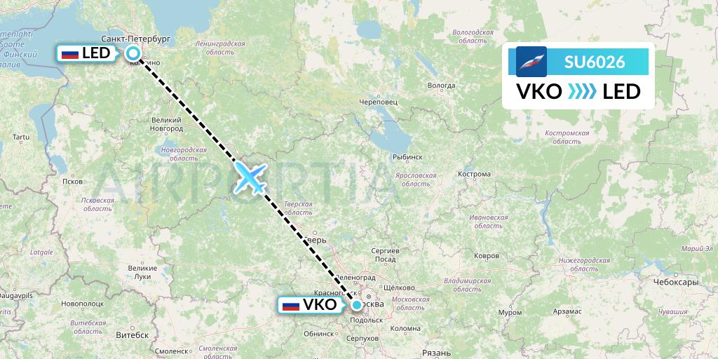 SU6026 Aeroflot Flight Map: Moscow to St. Petersburg