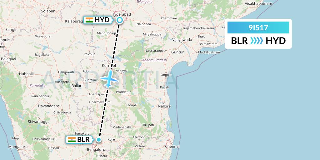 9I517 Air India Regional Flight Map: Bangalore to Hyderabad