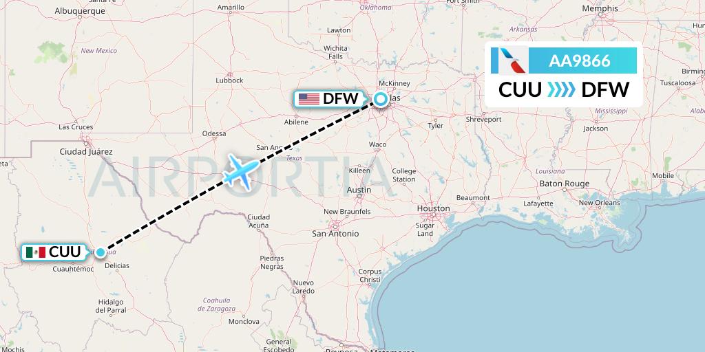 AA9866 American Airlines Flight Map: Chihuahua to Dallas