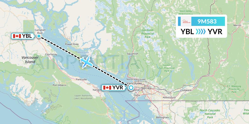 9M583 Central Mountain Air Flight Map: Campbell River to Vancouver