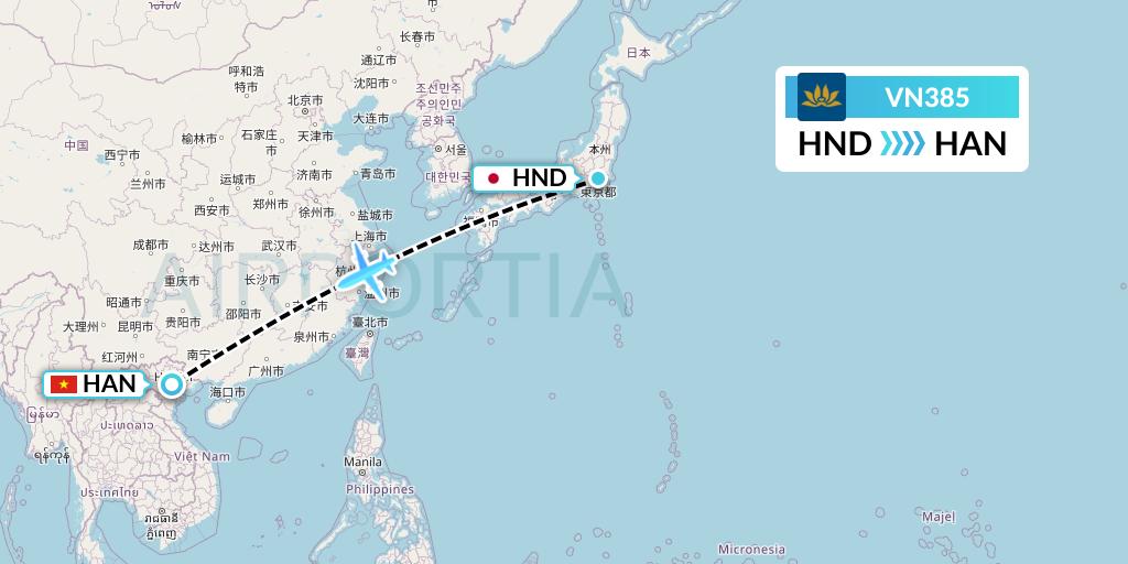 VN385 Vietnam Airlines Flight Map: Tokyo to Hanoi