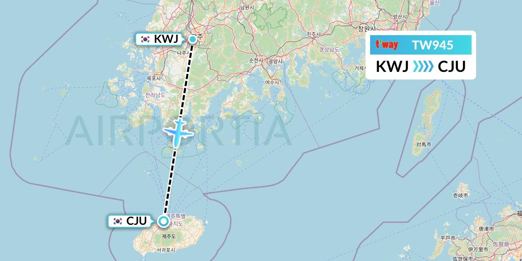 TW945 T'way Air Flight Map: Gwangju to Jeju