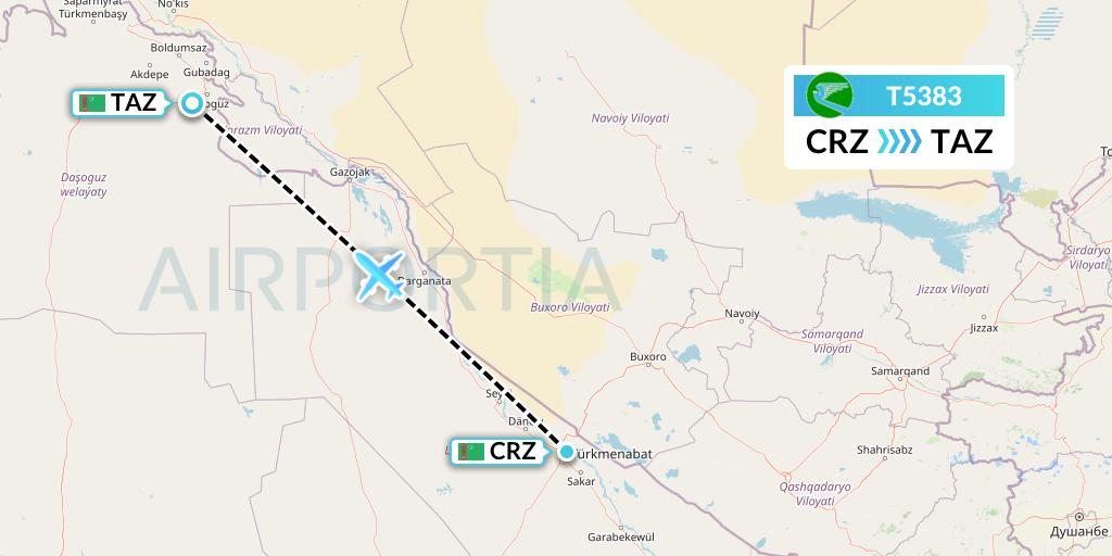 T5383 Turkmenistan Airlines Flight Map: Turkmenabat to Dasoguz