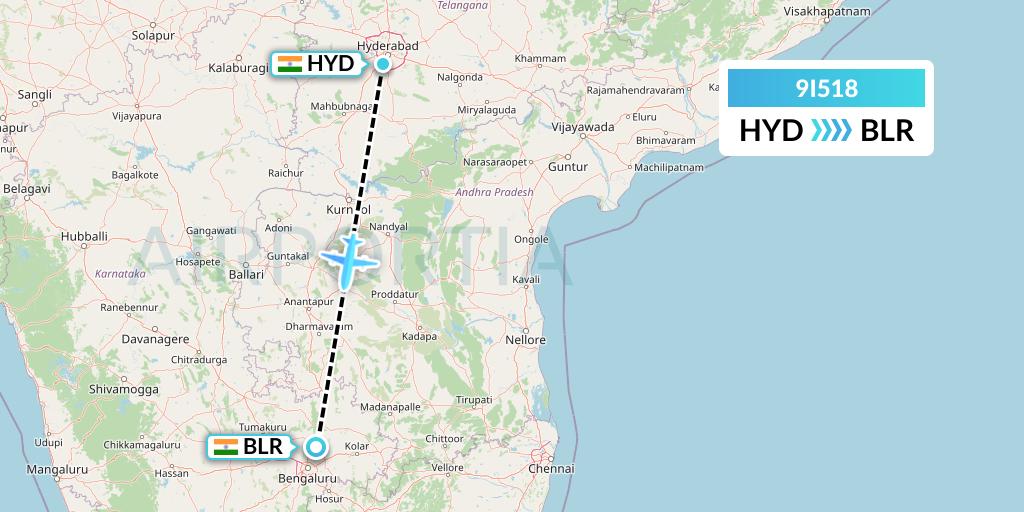 9I518 Air India Regional Flight Map: Hyderabad to Bangalore