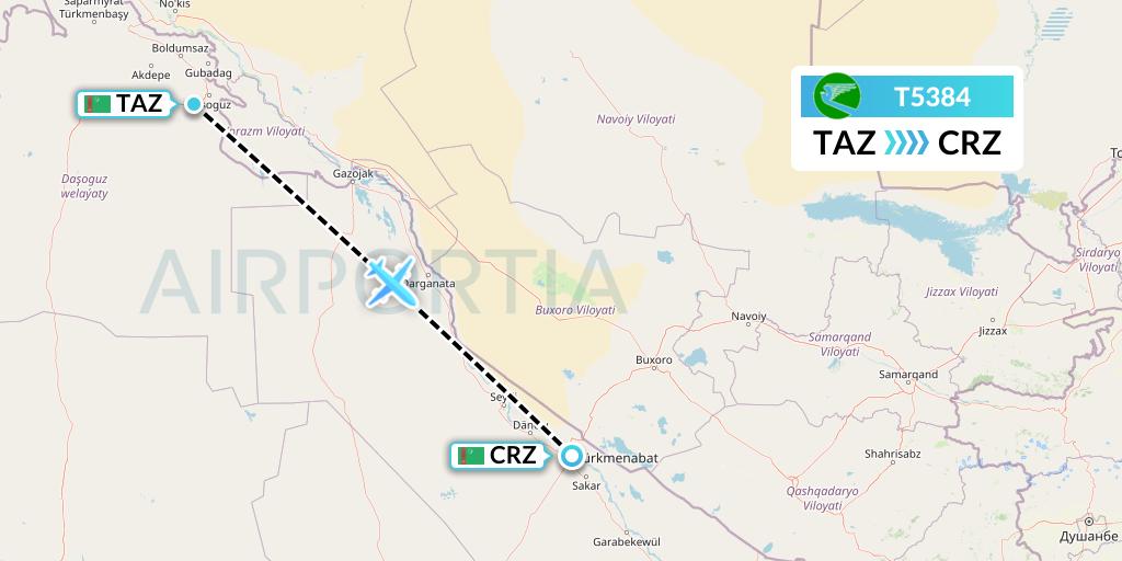 T5384 Turkmenistan Airlines Flight Map: Dasoguz to Turkmenabat