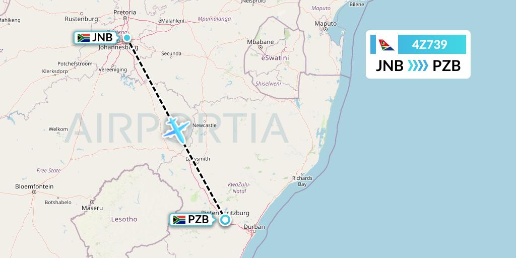 4Z739 Airlink Flight Map: Johannesburg to Pietermaritzburg