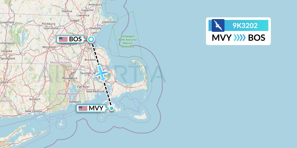 9K3202 Cape Air Flight Map: Martha's Vineyard to Boston