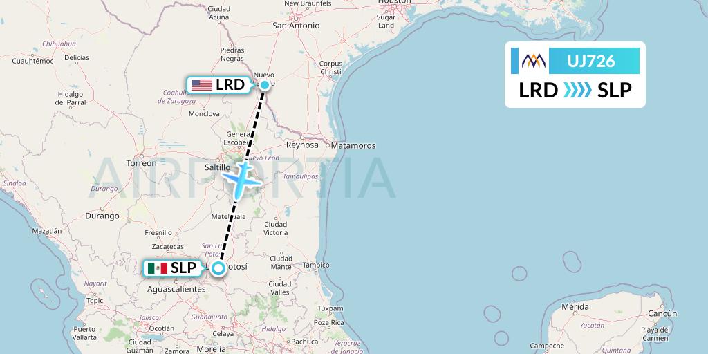 UJ726 AlMasria Universal Airlines Flight Map: Laredo to San Luis Potosi