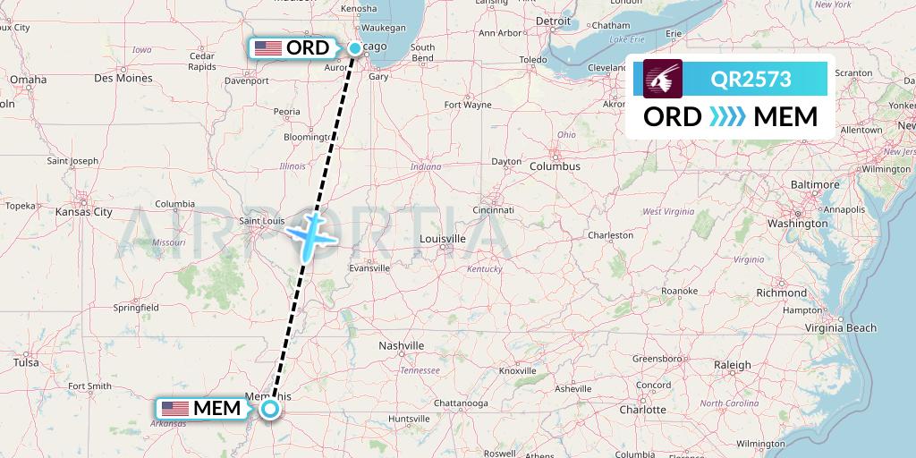 QR2573 Qatar Airways Flight Map: Chicago to Memphis