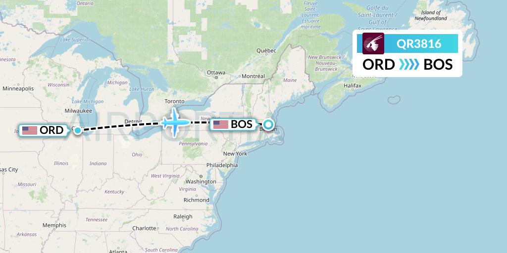 QR3816 Qatar Airways Flight Map: Chicago to Boston