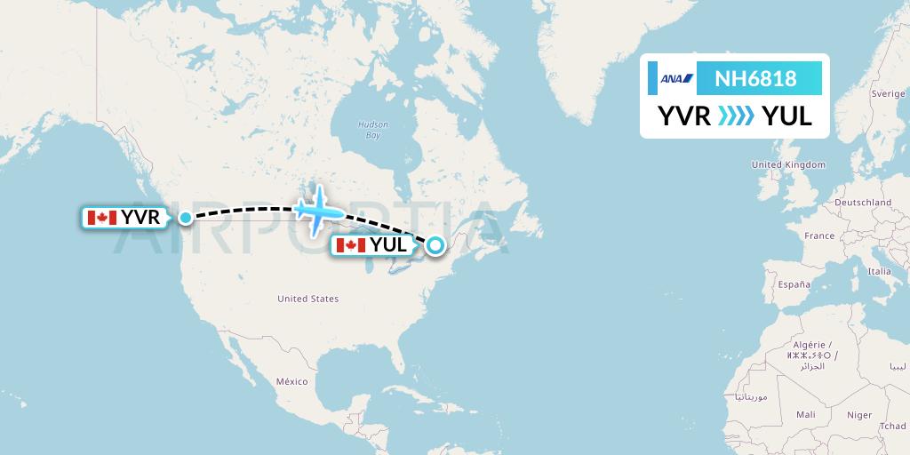 NH6818 All Nippon Airways Flight Map: Vancouver to Montreal